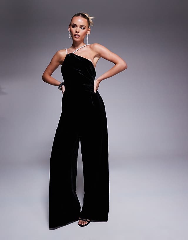asos Forever New Petite diamante embellished one shoulder jumpsuit in black