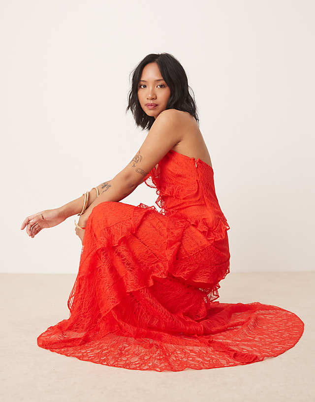 Asos Forever New Petite Lace Ruffle Maxi Dress In Red