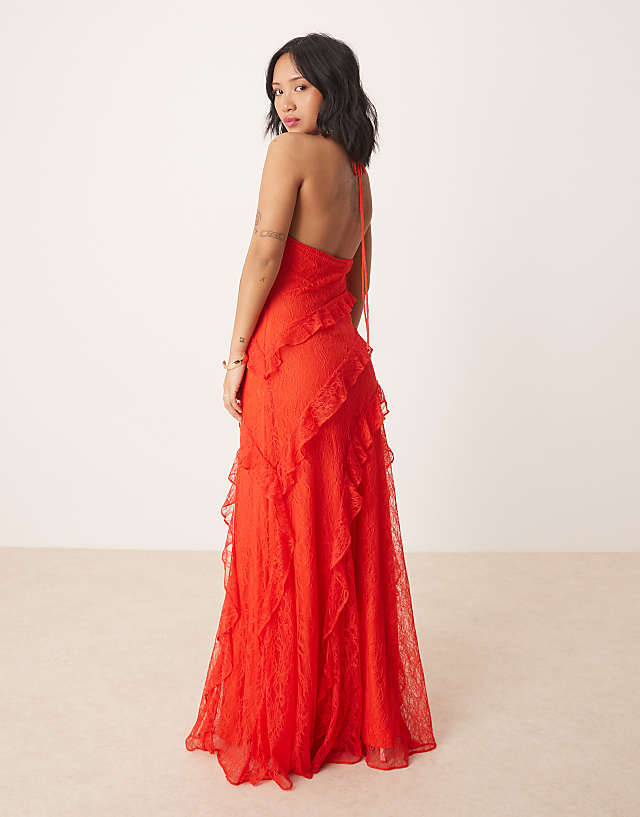 Asos Forever New Petite Lace Ruffle Maxi Dress In Red