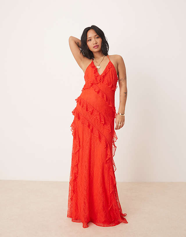asos Forever New Petite lace ruffle maxi dress in red