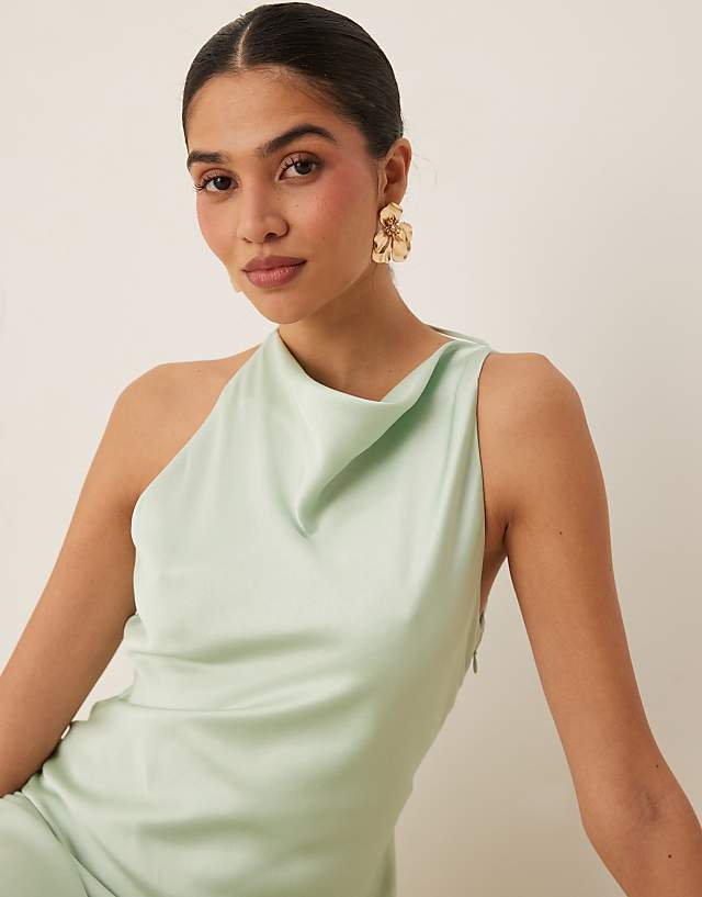 Asos Forever New Satin Halter Neck Maxi Dress In Dusty Sage