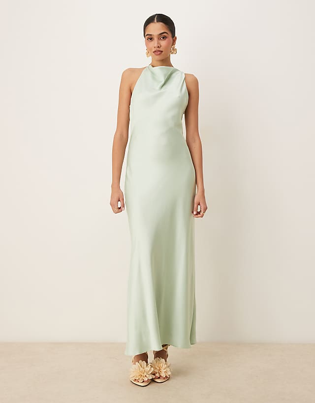 Asos Forever New Satin Halter Neck Maxi Dress In Dusty Sage