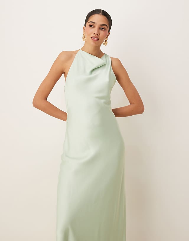 Asos Forever New Satin Halter Neck Maxi Dress In Dusty Sage
