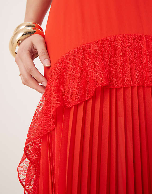 Asos Forever New Sheer Ruffle Lace Maxi Dress In Red