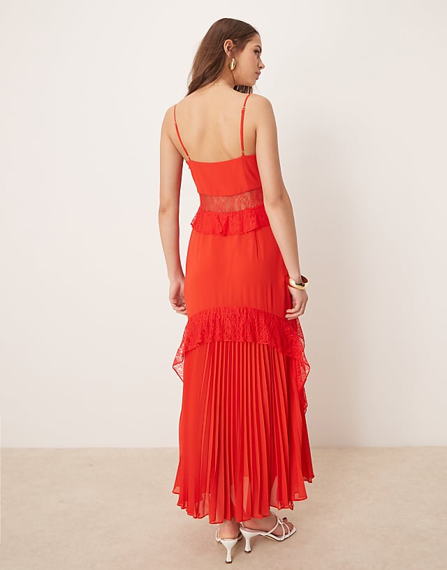 Asos Forever New Sheer Ruffle Lace Maxi Dress In Red