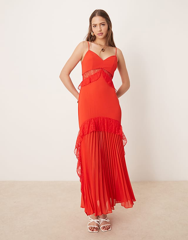 asos Forever New sheer ruffle lace maxi dress In red