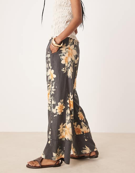 Asos Free People Days End Printed Wide Leg Linen Trousers In Washed Black Combo