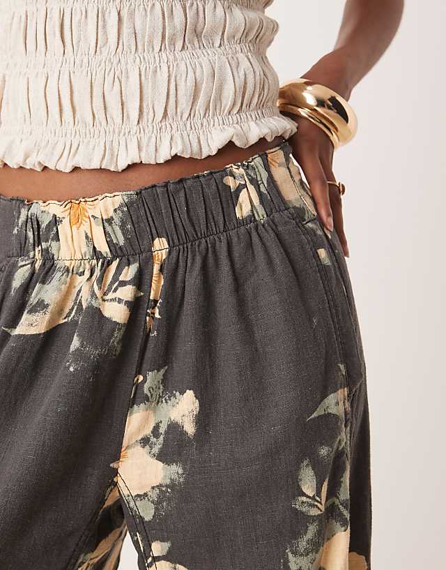 Asos Free People Days End Printed Wide Leg Linen Trousers In Washed Black Combo