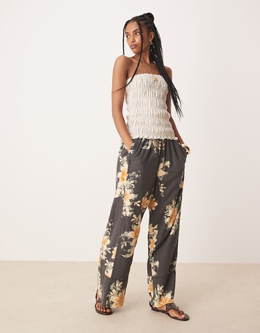 asos Free People days end printed wide leg linen trousers in washed black combo