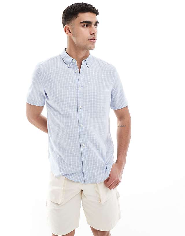 asos French Connection short sleeve linen shirt in soft blue check