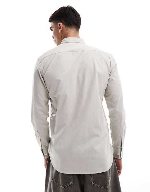 Asos French Connection Smart Fitted Long Sleeve Logo Shirt In Stone