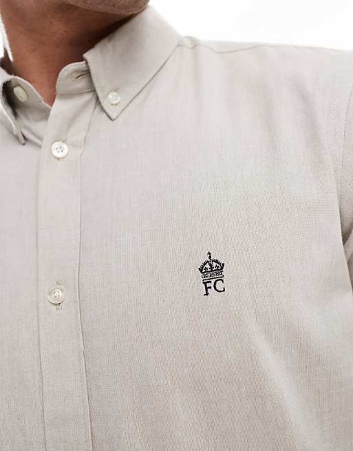 Asos French Connection Smart Fitted Long Sleeve Logo Shirt In Stone