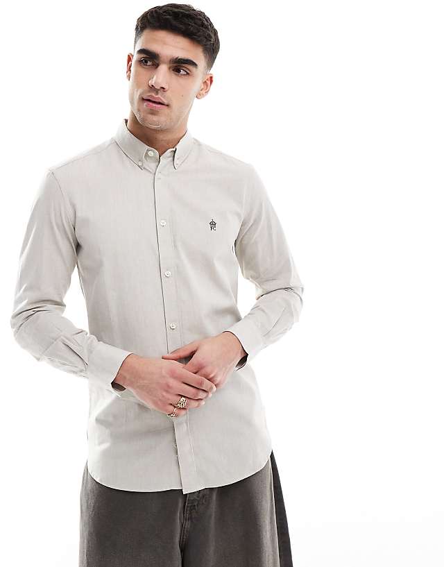 asos French Connection smart fitted long sleeve logo shirt in stone