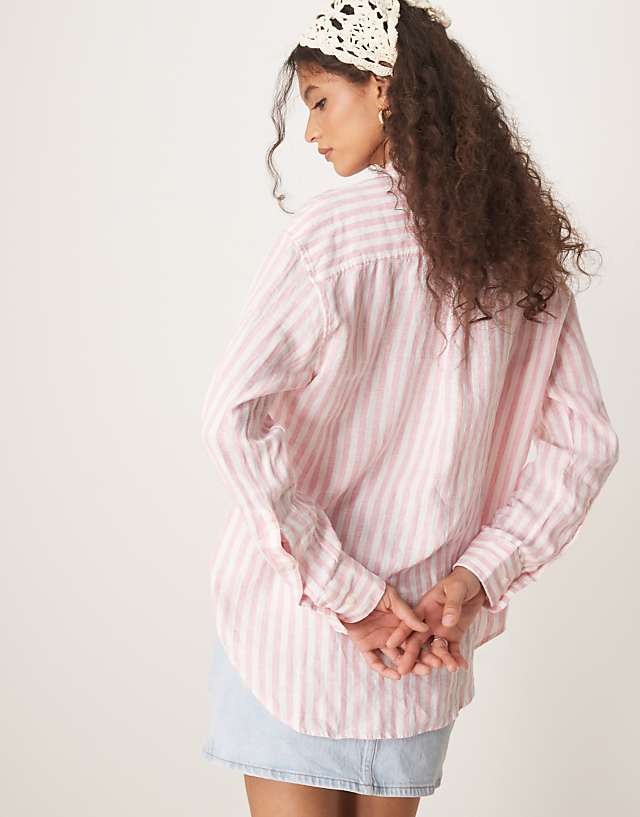 Asos GANT Relaxed Fit Logo Linen Striped Shirt In Pink