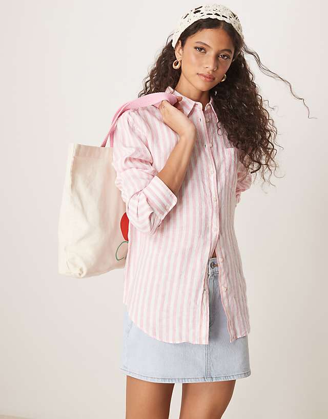 asos GANT relaxed fit logo linen striped shirt in pink