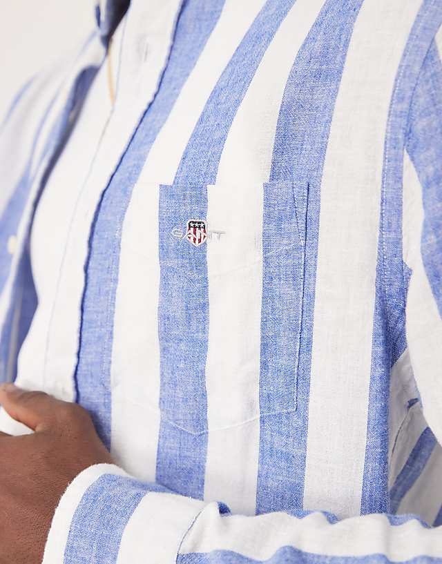 Asos GANT Shield Logo Cotton Linen/cotton Bold Stripe Shirt In Mid Blue