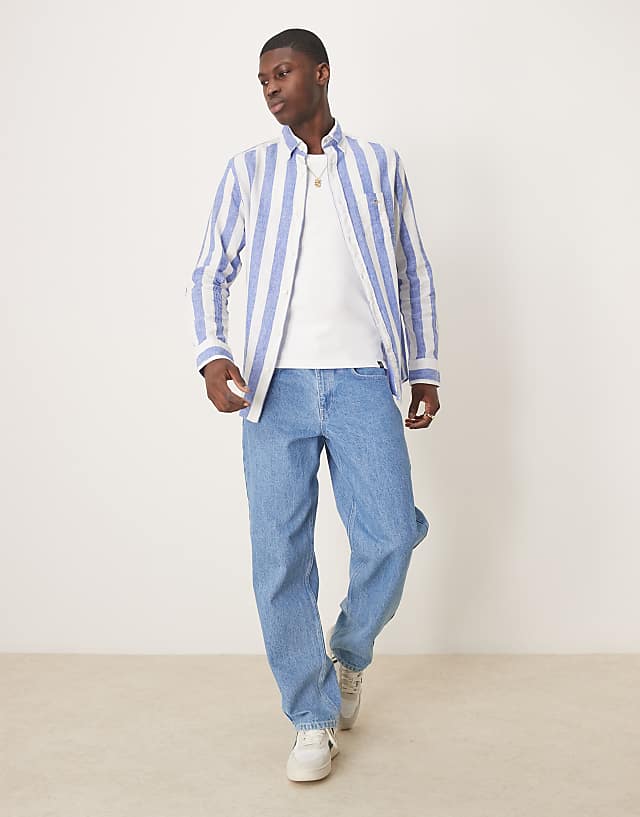 Asos GANT Shield Logo Cotton Linen/cotton Bold Stripe Shirt In Mid Blue