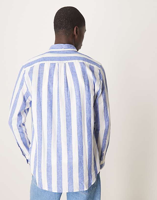 Asos GANT Shield Logo Cotton Linen/cotton Bold Stripe Shirt In Mid Blue
