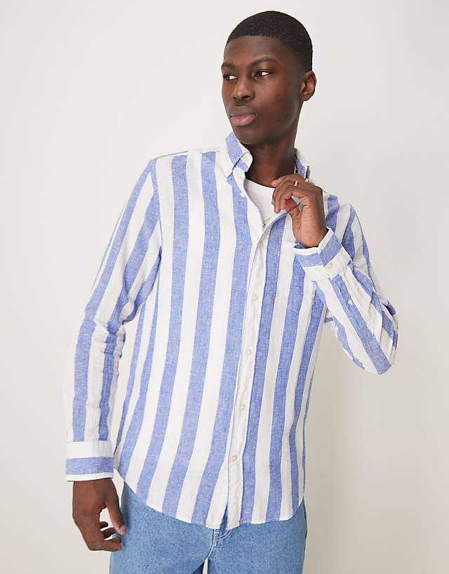 asos GANT shield logo cotton linen/cotton bold stripe shirt in mid blue