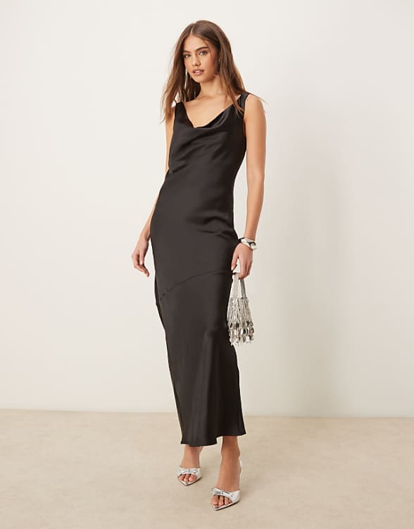 asos Gina Tricot cowl neck low back satin bias cut maxi dress in black
