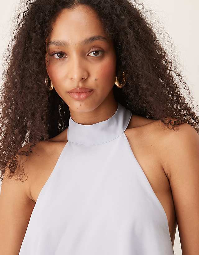 Asos Gina Tricot Halterneck Frill Tiered Mini Dress In Light Blue