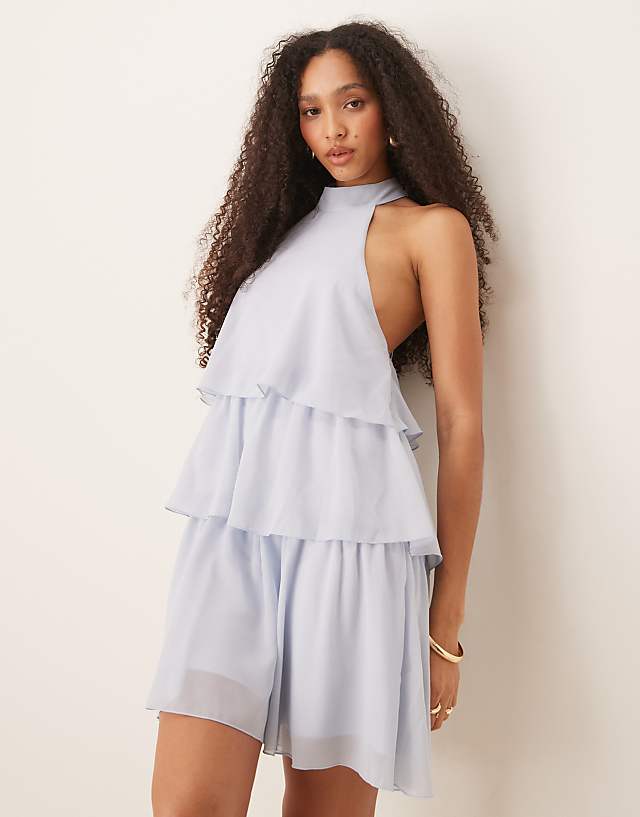 Asos Gina Tricot Halterneck Frill Tiered Mini Dress In Light Blue