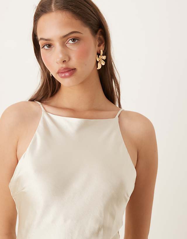 Asos Gina Tricot High Neck Midi Satin Dress In Light Gold