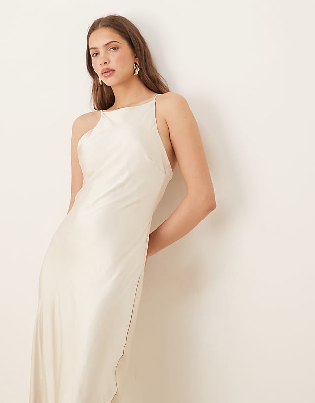 Asos Gina Tricot High Neck Midi Satin Dress In Light Gold