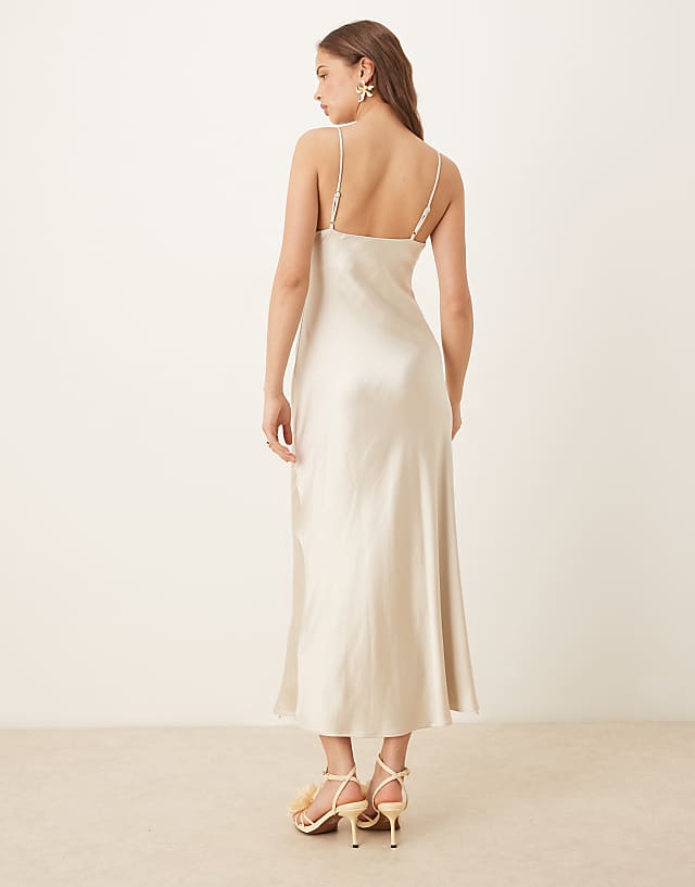 Asos Gina Tricot High Neck Midi Satin Dress In Light Gold