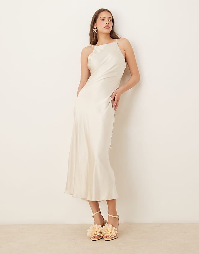 asos Gina Tricot high neck midi satin dress in light gold