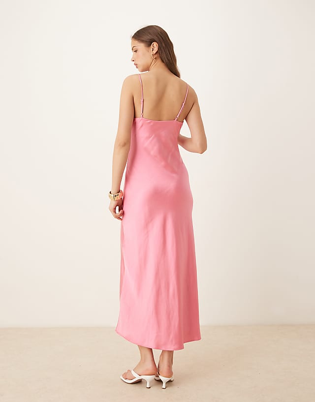 Asos Gina Tricot High Neck Satin Midi Dress In Pink