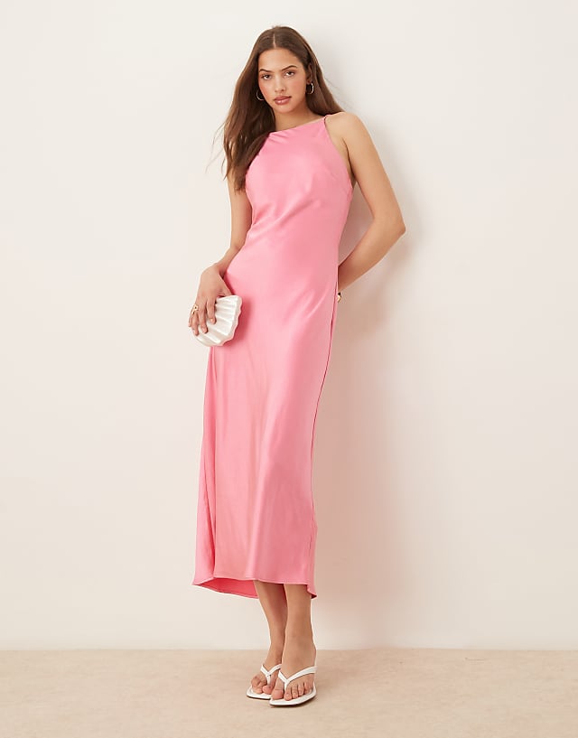 asos Gina Tricot high neck satin midi dress in pink