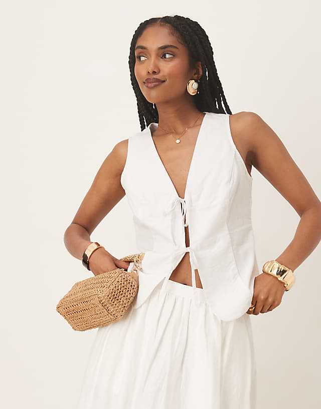 asos Gina Tricot linen waistcoat vest top with tie front detail in white