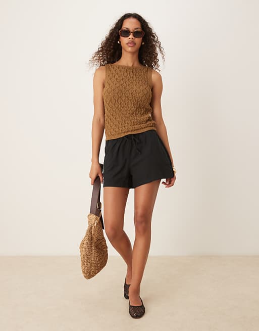 Asos Gina Tricot Relaxed Fit Drawstring Linen Shorts In Black