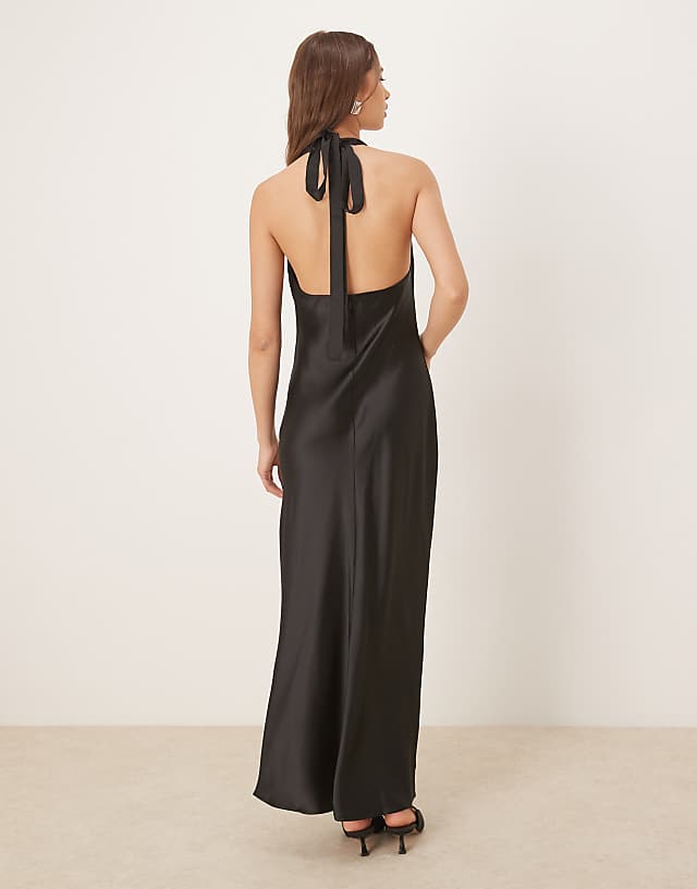 Asos Gina Tricot Satin Halterneck Maxi Dress In Black