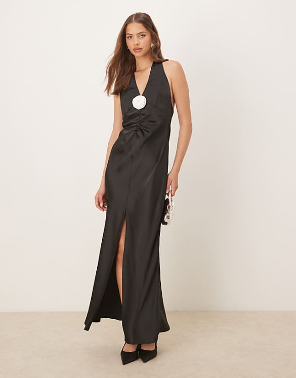 asos Gina Tricot satin halterneck maxi dress in black