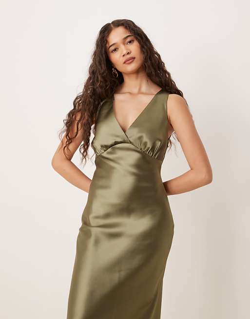 Asos Gina Tricot Satin V Neck Shape Maxi Dress In Khaki