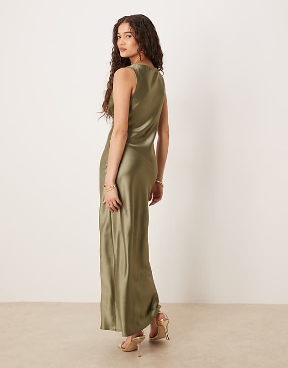 Asos Gina Tricot Satin V Neck Shape Maxi Dress In Khaki
