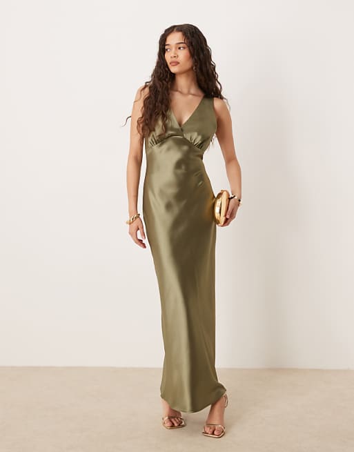 asos Gina Tricot satin v neck shape maxi dress in khaki