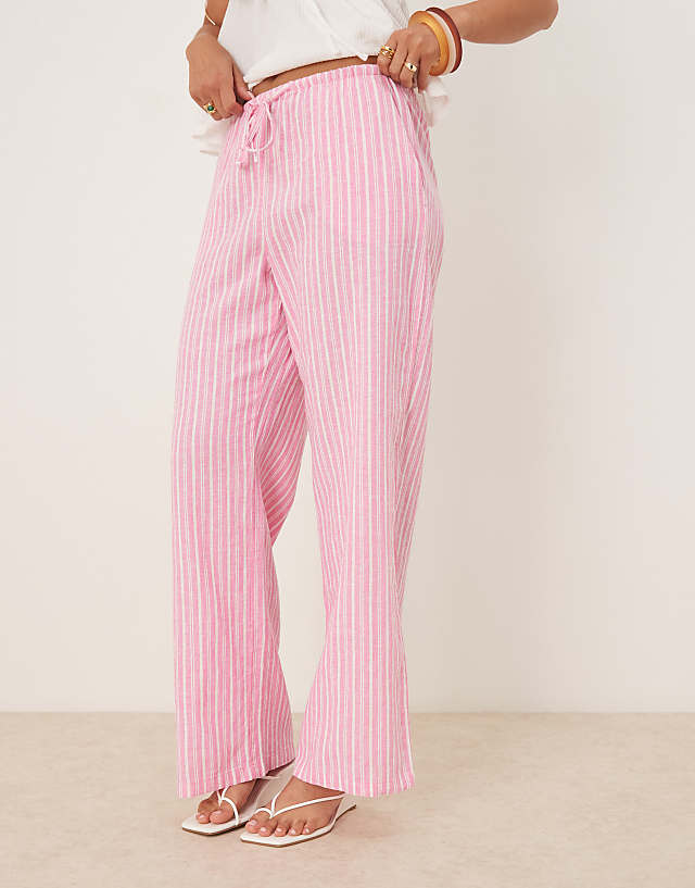 Asos Gina Tricot Wide Leg Linen Trousers With Drawstring Waist In Pink Stripe