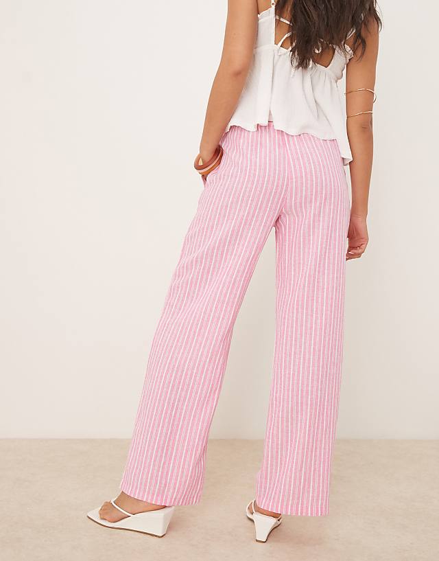 Asos Gina Tricot Wide Leg Linen Trousers With Drawstring Waist In Pink Stripe