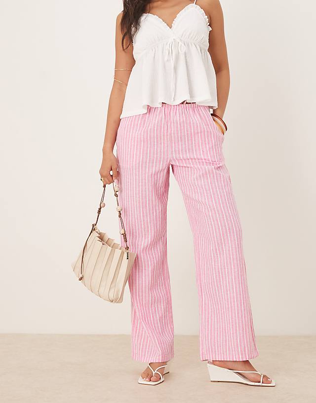 asos Gina Tricot wide leg linen trousers with drawstring waist in pink stripe