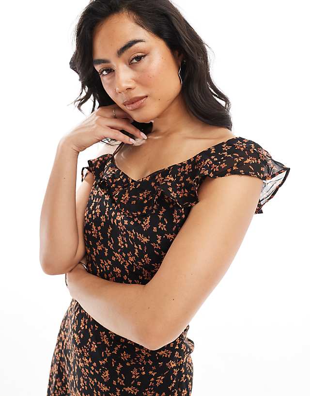 Asos Glamorous Asymmetric Ruffle Mini Dress In Black Orange Floral