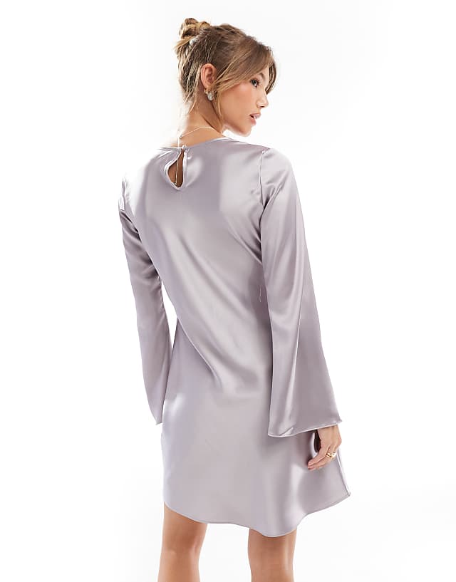 Asos Glamorous Flared-sleeve Mini-dress In Lilac Ash Sateen