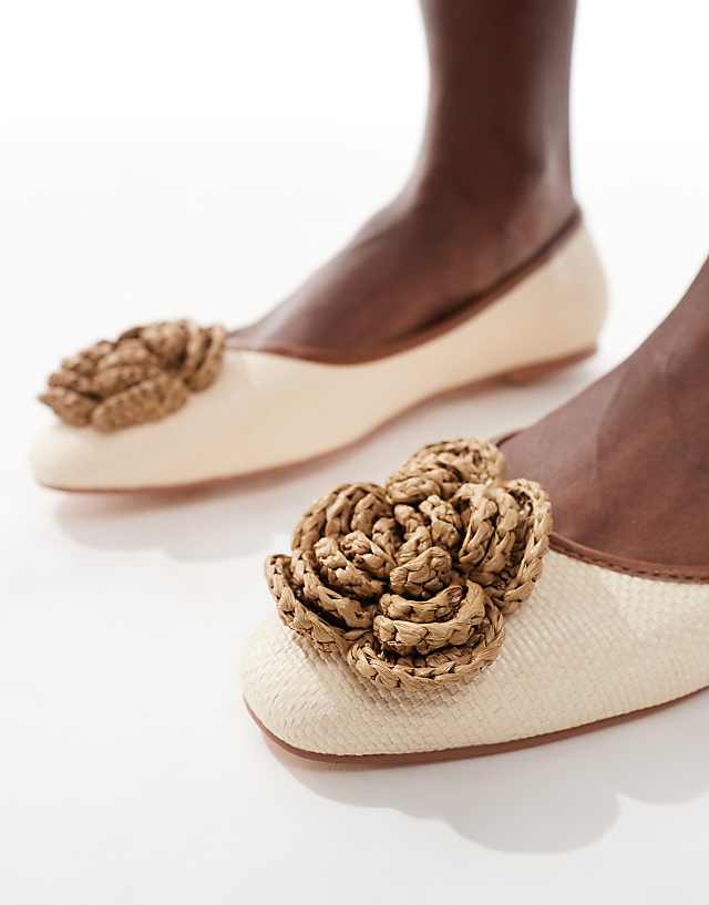 Asos Glamorous Flat Shoes With Woven Crochet Flower In Cream Linen