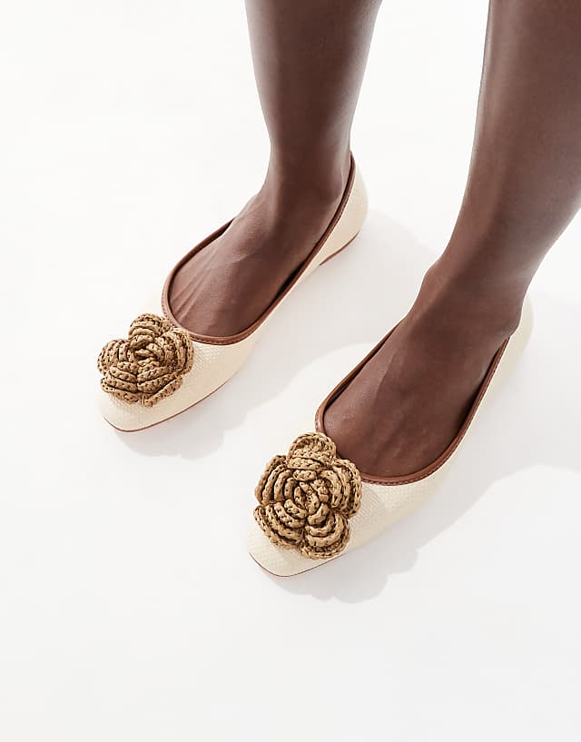 asos Glamorous flat shoes with woven crochet flower in cream linen