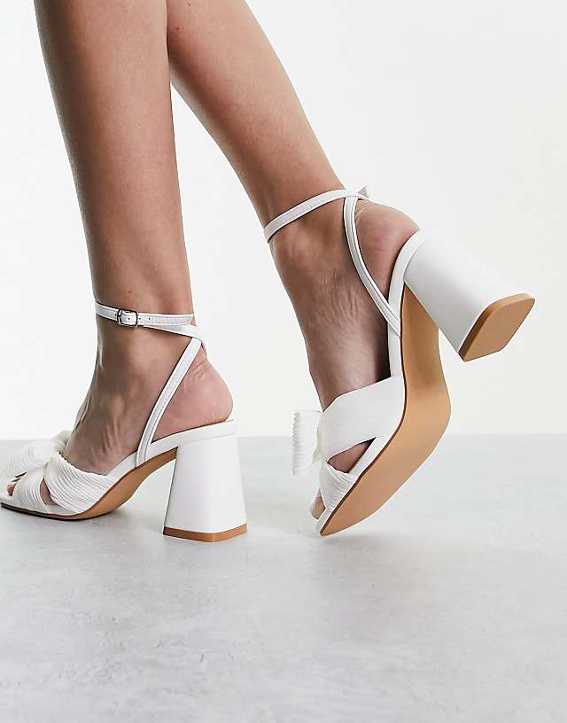 Asos Glamorous Wide Fit Mid Heel Sandals With Bow In White