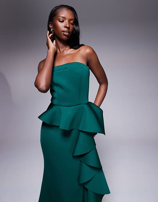 Asos Goddiva Boobtube Peplum Waterfall Frill Maxi Dress In Emerald