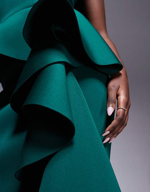 Asos Goddiva Boobtube Peplum Waterfall Frill Maxi Dress In Emerald