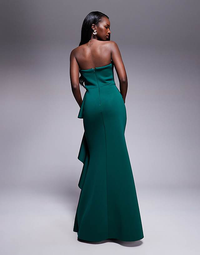 Asos Goddiva Boobtube Peplum Waterfall Frill Maxi Dress In Emerald